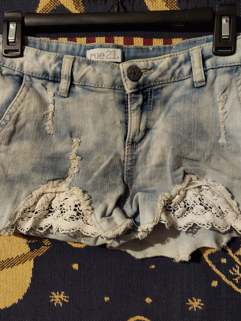 Light Blue Denim Shorts with White Crochet Trim